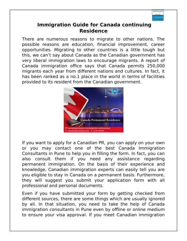 Immigration Guide for Canada continuing Residence