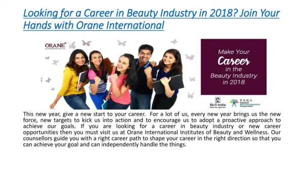 Looking for a Career in Beauty Industry in 2018? Join Hands with Orane