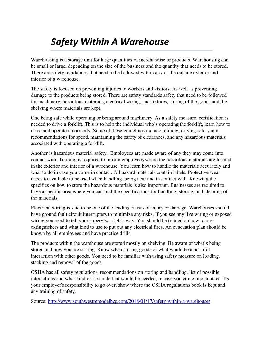 safety within a warehouse