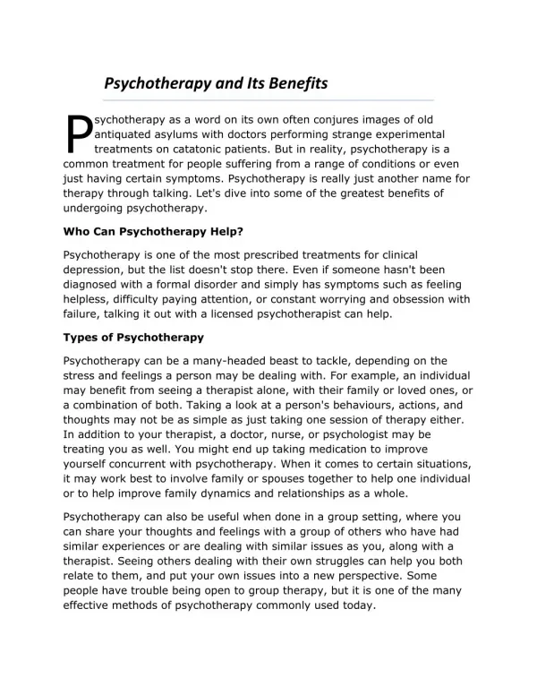 Psychotherapy and Its Benefits