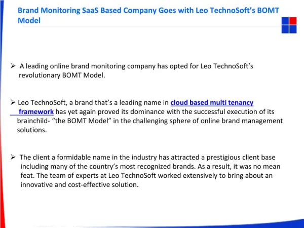 Brand Monitoring SaaS Based Company Goes with Leo TechnoSoft’s BOMT Model