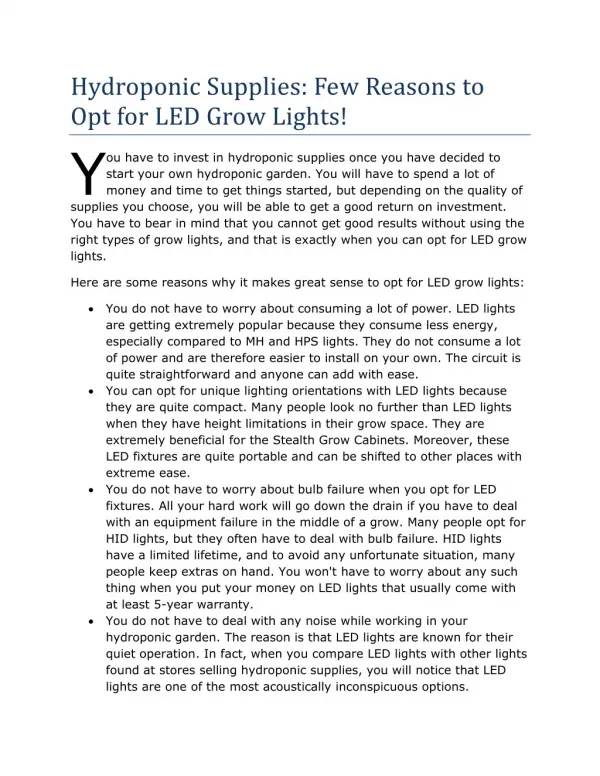 Hydroponic Supplies: Few Reasons to Opt for LED Grow Lights!