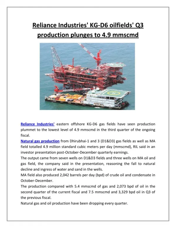 Reliance Industries' KG-D6 oilfields' Q3 production plunges to 4.9 mmscmd | Business Standard News