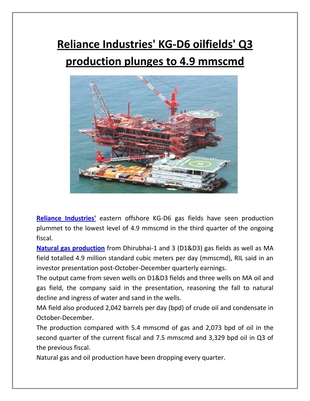 reliance industries kg d6 oilfields q3 production