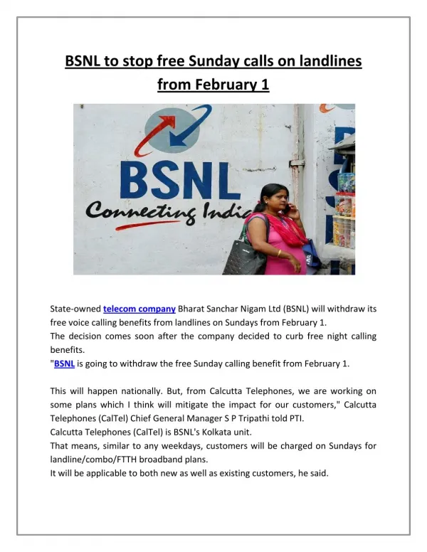 BSNL to stop free Sunday calls on landlines from February 1 | Business Standard News