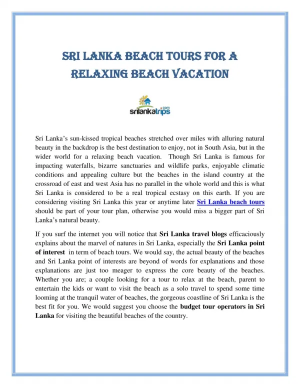 Sri Lanka beach tours for a relaxing beach vacation
