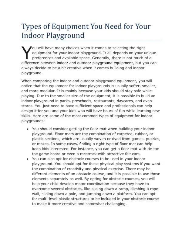 Types of Equipment You Need for Your Indoor Playground