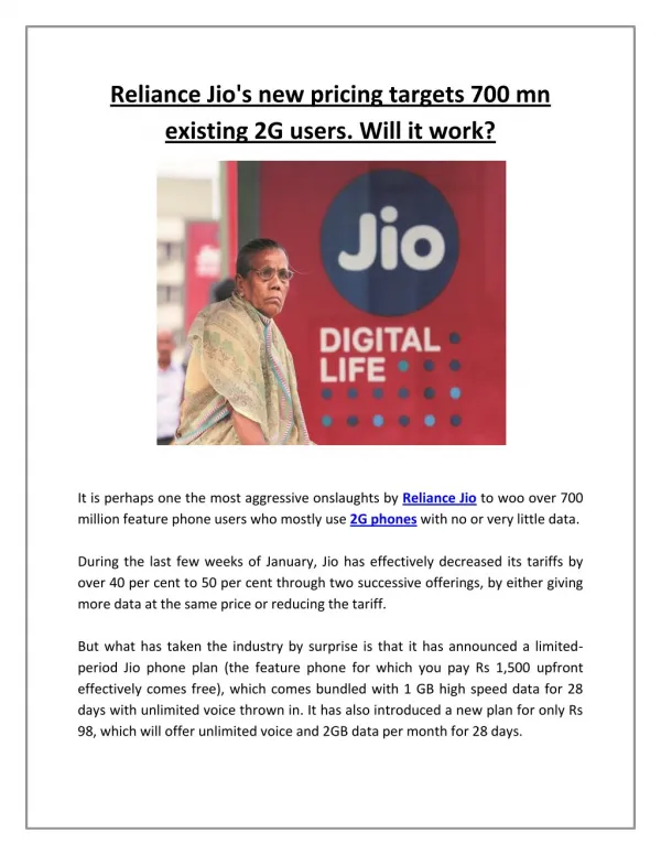 Reliance Jio's new pricing targets 700 mn existing 2G users. Will it work? | Business Standard News