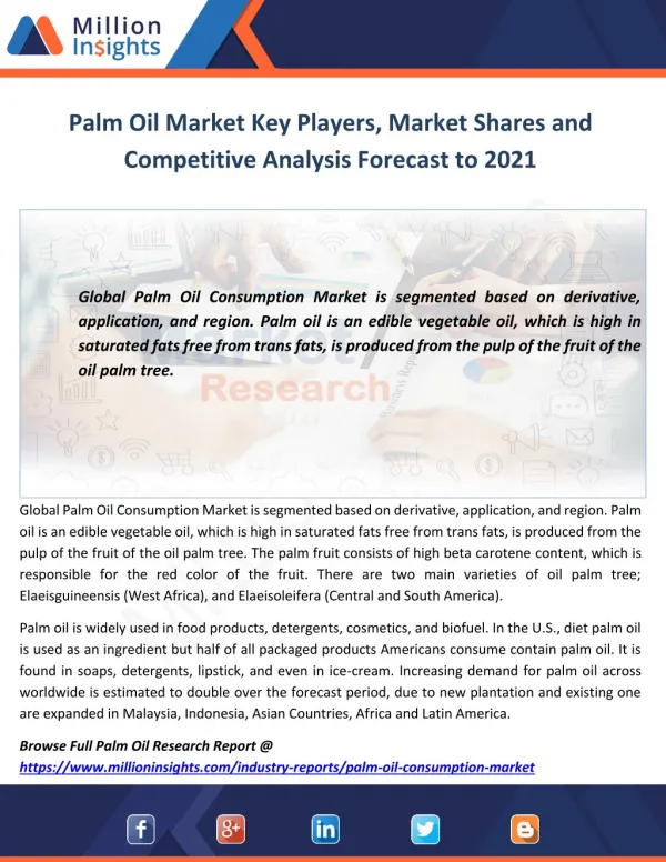 Palm Oil Market Key Players, Market Shares and Competitive Analysis Forecast to 2021