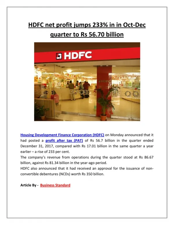 HDFC net profit jumps 233% in in Oct-Dec quarter to Rs 56.70 billion | Business Standard News