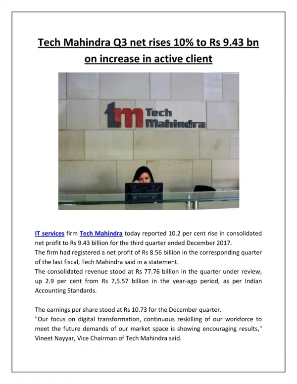 Tech Mahindra Q3 net rises 10% to Rs 9.43 bn on increase in active client | Business Standard News