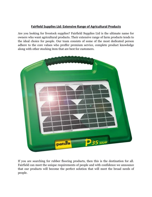 Fairfield Supplies Ltd: Extensive Range of Agricultural Products