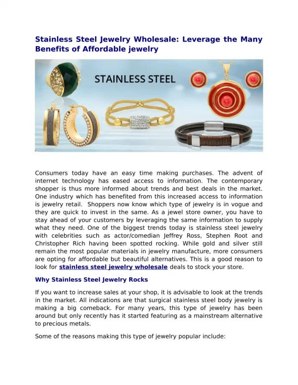 Stainless Steel Jewelry Wholesale: Leverage the Many Benefits of Affordable jewelry