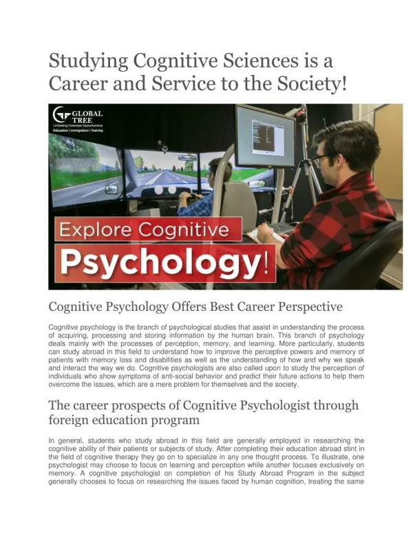 Studying Cognitive Sciences is a Career and Service to the Society!