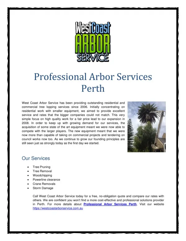 Professional Arbor Services Perth