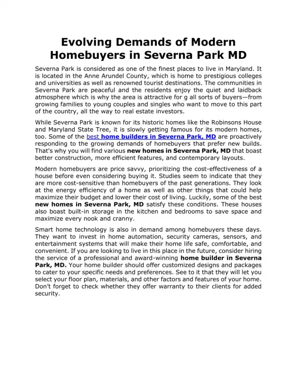 Evolving Demands of Modern Homebuyers in Severna Park MD