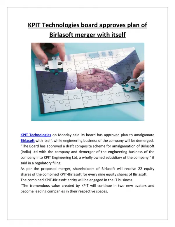 KPIT Technologies Board Approves Plan of Birlasoft Merger With Itself