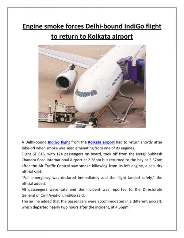 Engine smoke forces delhi bound indigo flight to return to kolkata airport