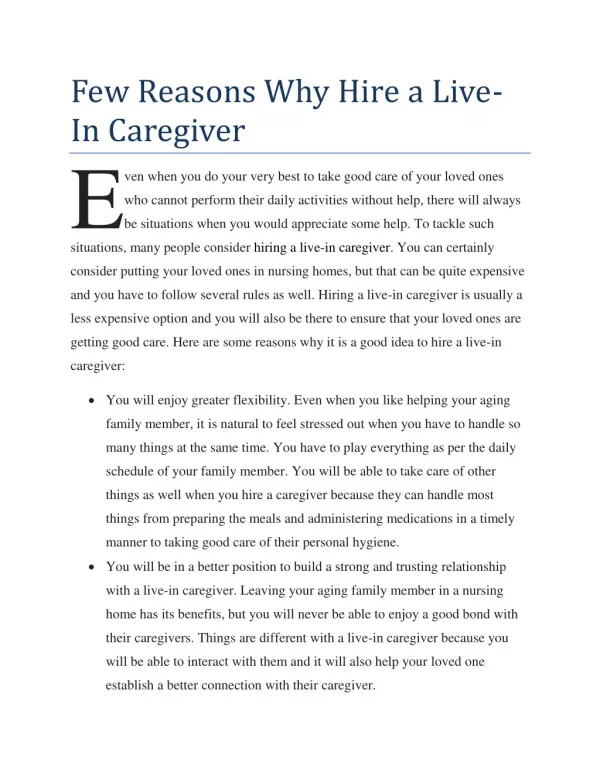 Few Reasons Why Hire a Live-In Caregiver