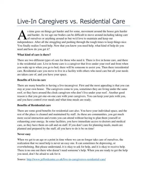 Live-In Caregivers vs. Residential Care