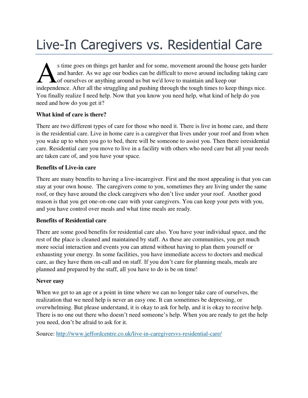 live in caregivers vs residential care a