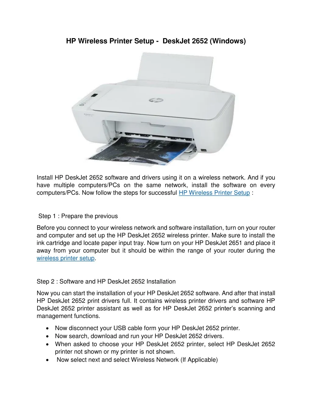 hp wireless printer setup deskjet 2652 windows