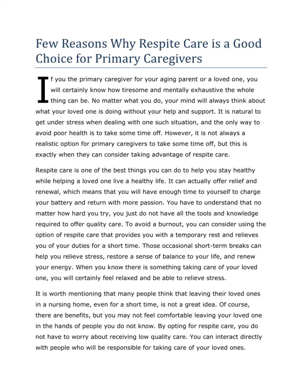 Few Reasons Why Respite Care is a Good Choice for Primary Caregivers