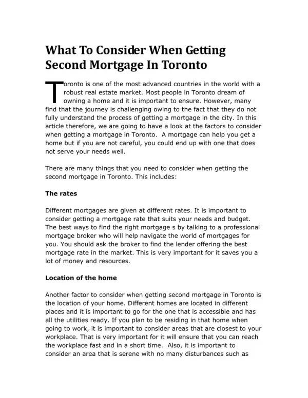 What To Consider When Getting Second Mortgage In Toronto