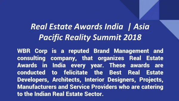 Real Estate Awards India | Asia Pacific Reality Summit 2018