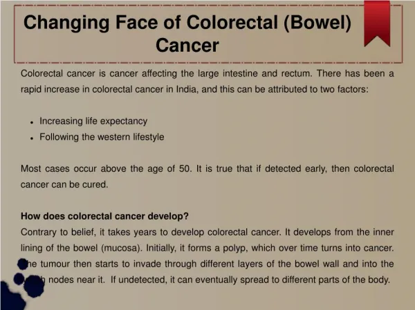 Changing Face of Colorectal (Bowel) Cancer
