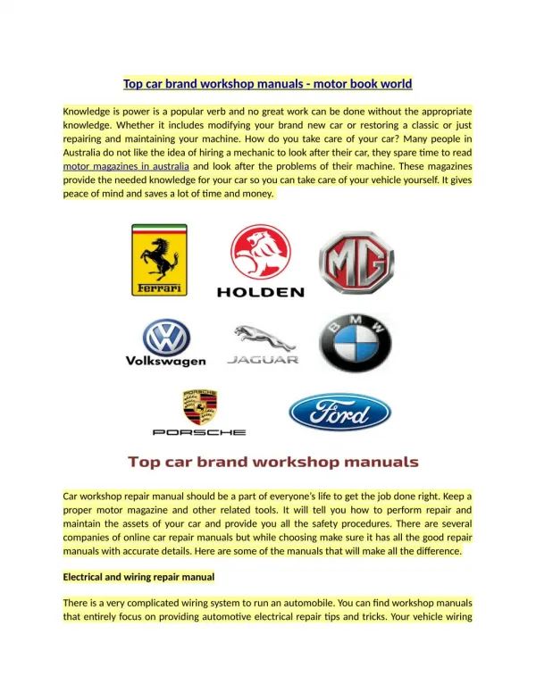 Top car brand workshop manuals - motor book world