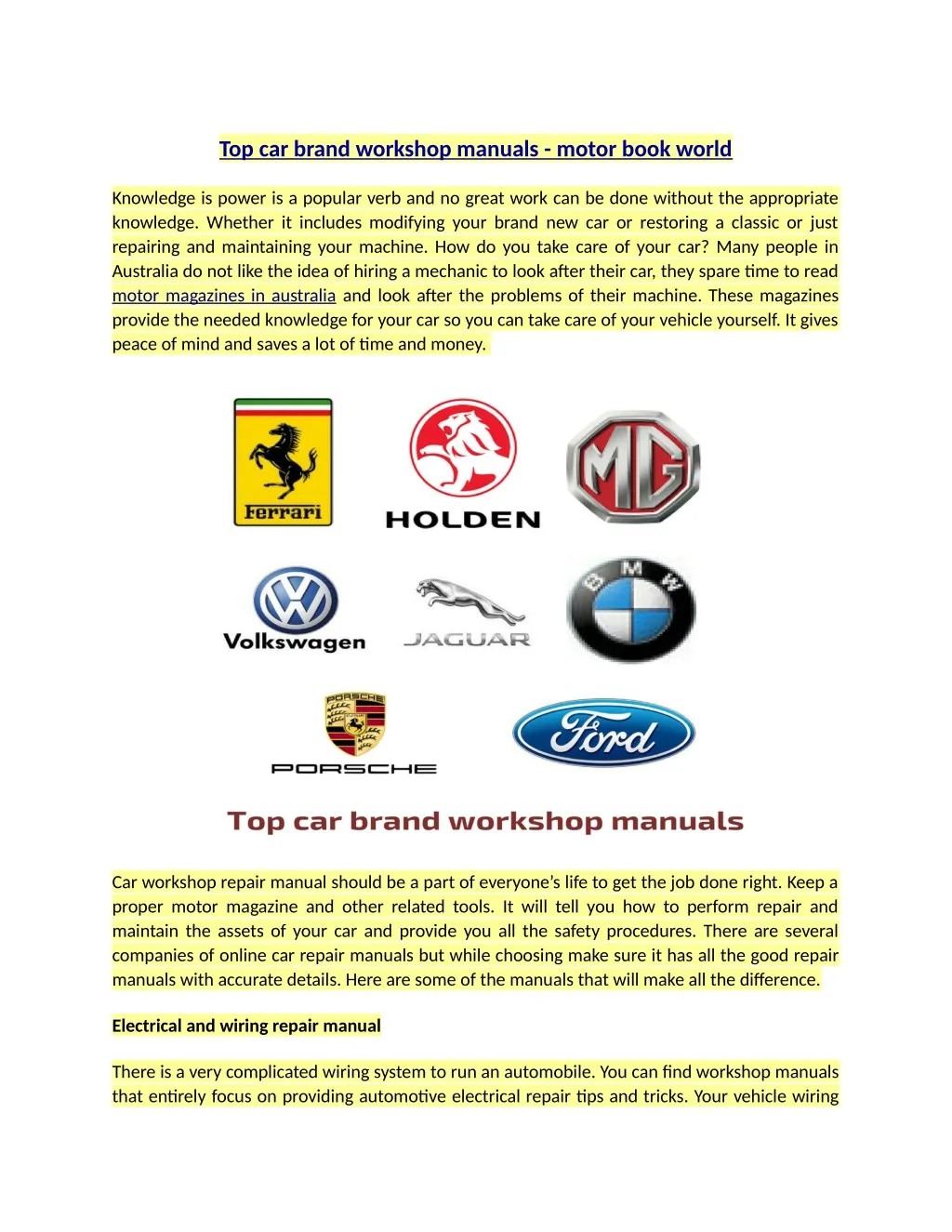 top car brand workshop manuals motor book world