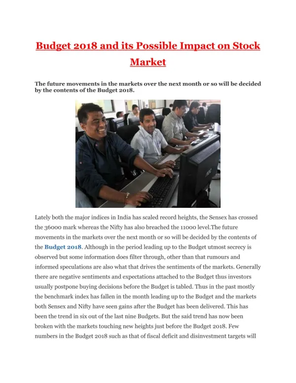 Budget 2018 and its Possible Impact on Stock Market