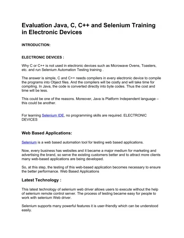 Evaluation Java, C, C and Selenium Training in Electronic Devices