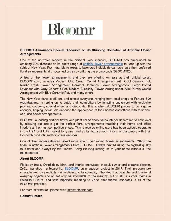 BLOOMR Announces Special Discounts on its Stunning Collection of Artificial Flower Arrangements