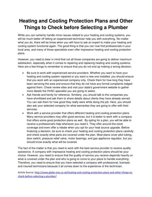 Heating and Cooling Protection Plans and Other Things to Check before Selecting a Plumber