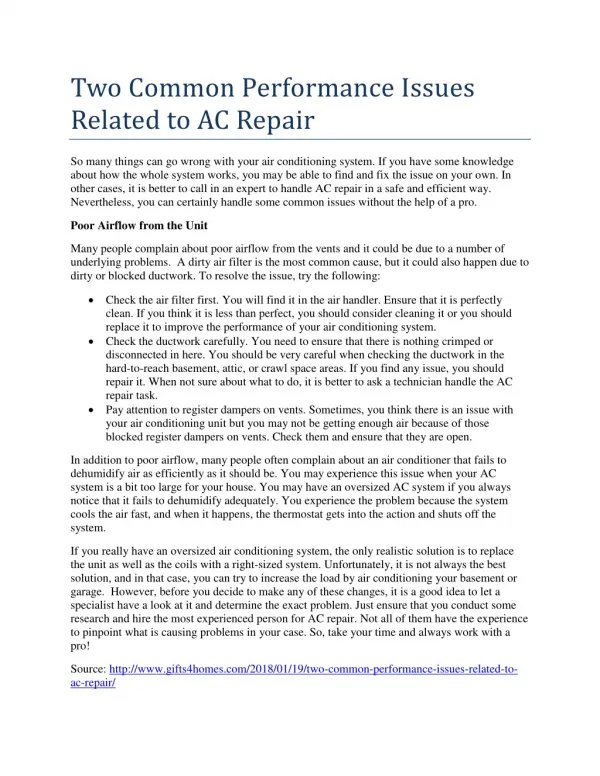 Two Common Performance Issues Related to AC Repair