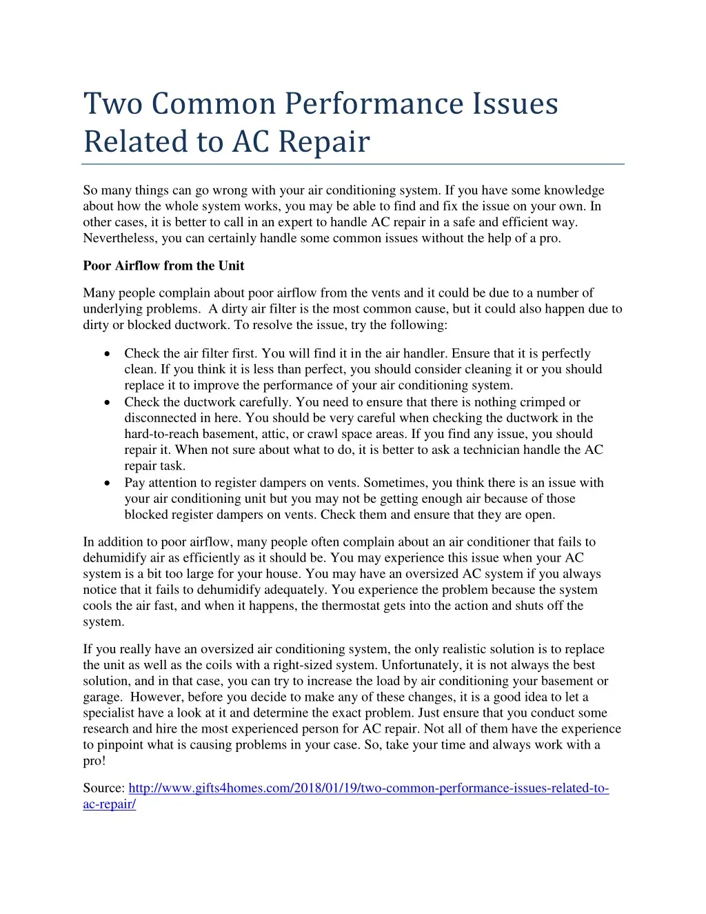 two common performance issues related to ac repair