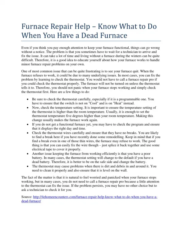 Furnace Repair Help – Know What to Do When You Have a Dead Furnace