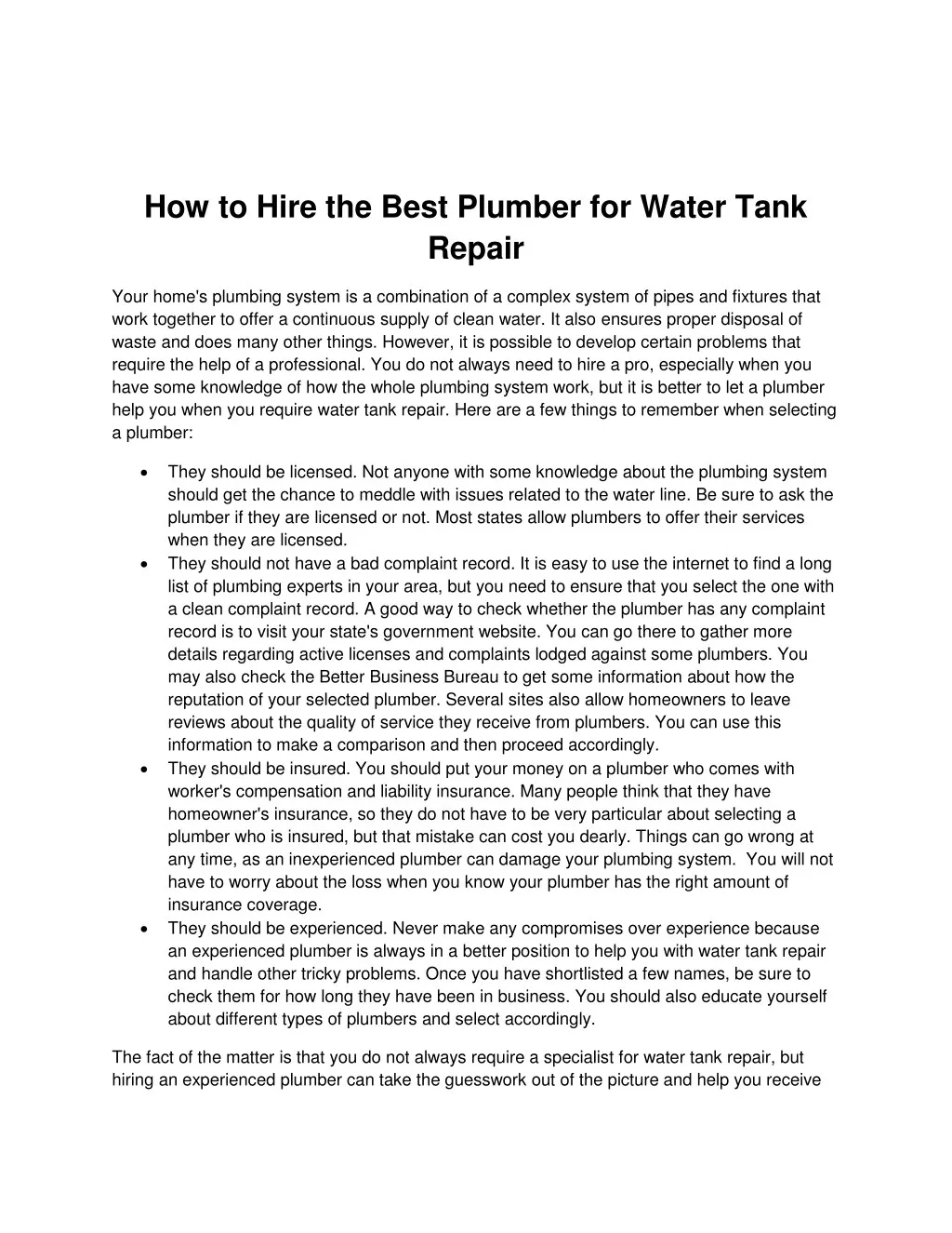 how to hire the best plumber for water tank repair