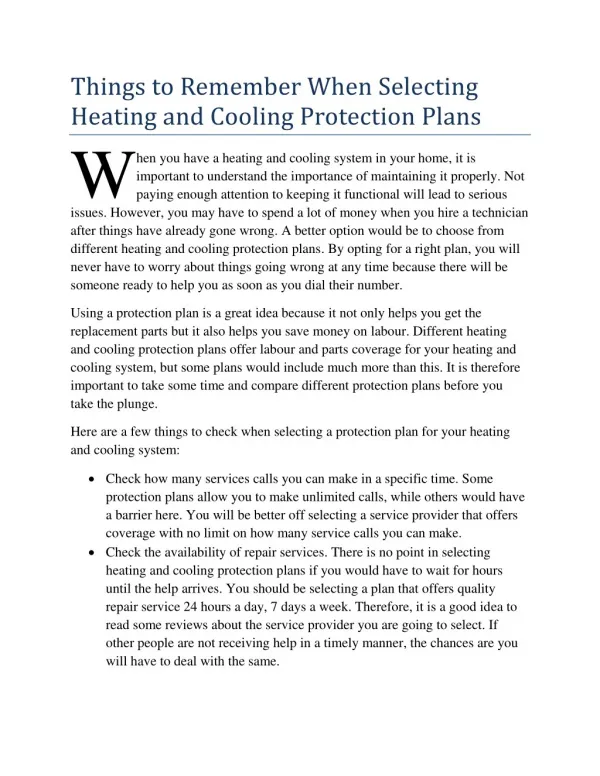 Things to Remember When Selecting Heating and Cooling Protection Plans