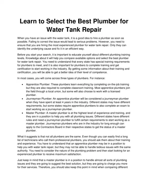 Learn to Select the Best Plumber for Water Tank Repair