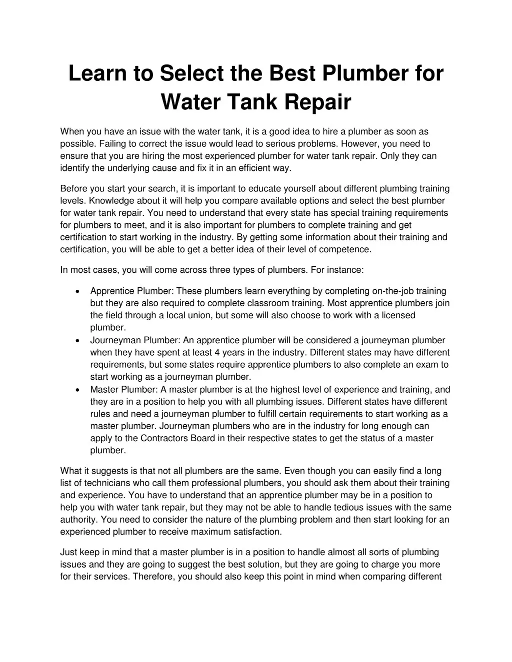 learn to select the best plumber for water tank
