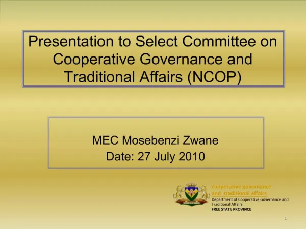 Presentation to Select Committee on Cooperative Governance and Traditional Affairs NCOP