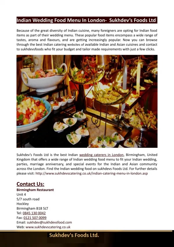 Indian Wedding Food Menu In London-Sukhdevs Foods Ltd