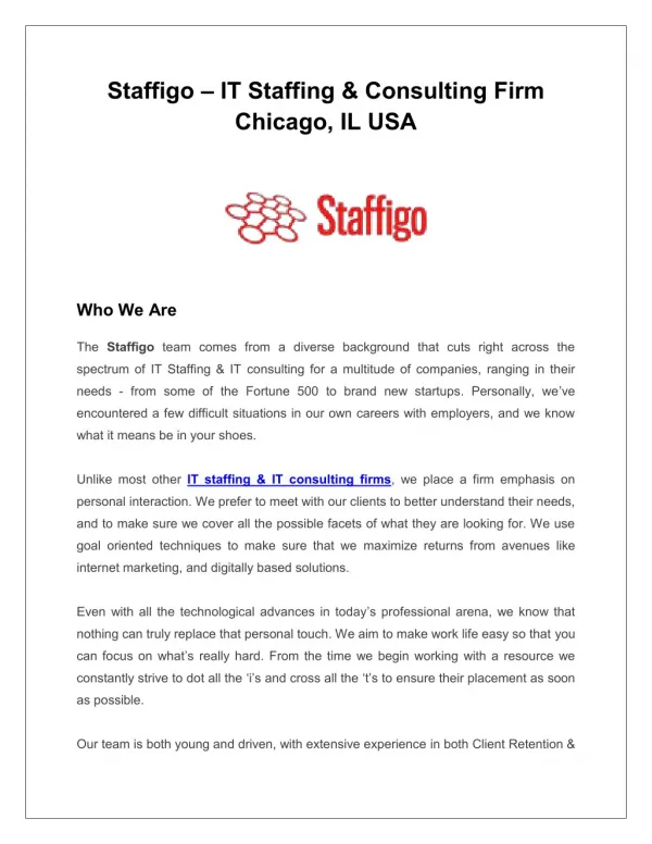 Staffigo â€“ IT Staffing & Consulting Firm Chicago, IL USA