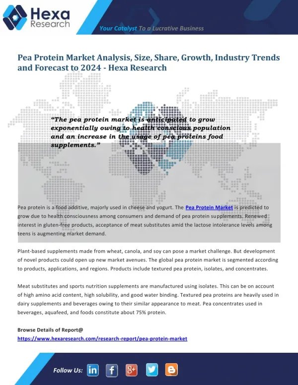 Worldwide Pea Protein Market Will Witness Rapid Growth Till 2024