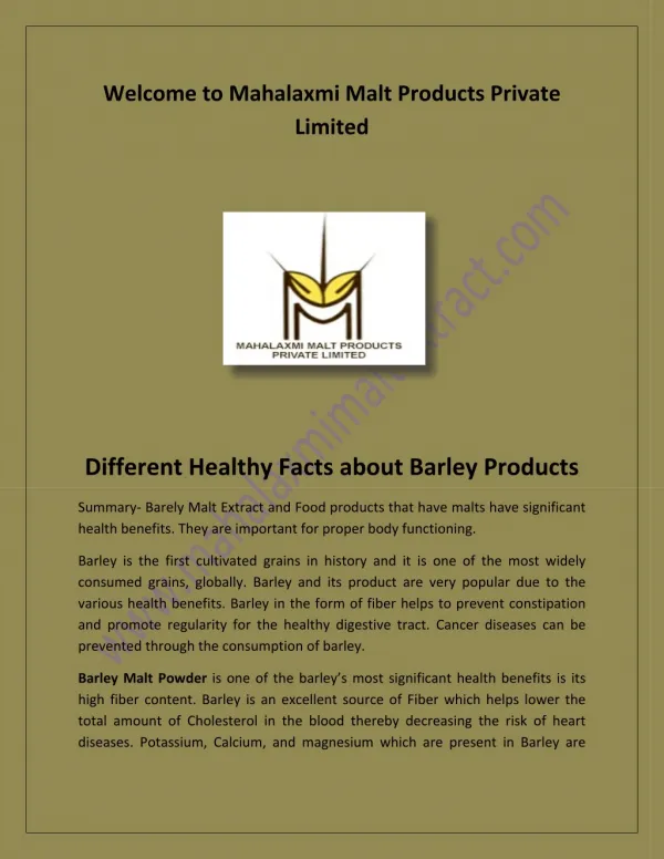 Barley Malt Extract, Malt Based Food