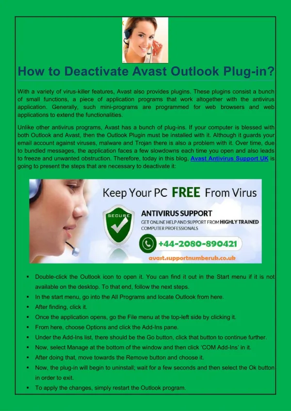 How to Deactivate Avast Outlook Plug-in?