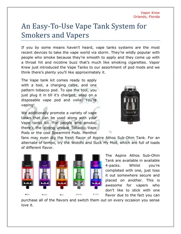 Buy Vape Tank System for Smokers and Vapers